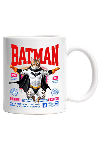 StoryGift Romania Cana Cu Bengal Pisica In Costum De Batman Cu Pelerina, Erou Nocturn, Desene Anim, Cu ,stg