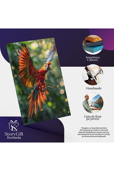 StoryGift Romania Tablou Canvas: Papagal Exotic Viu Colorat Cu Penaj Roșu Și Aripi Desfăcute În Zbor- Animale Să