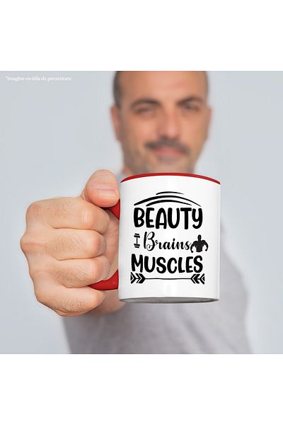 StoryGift Romania Mug with the text "Beauty, brains, muscles" - beauty brain muscles with Red Handle, With ,STG