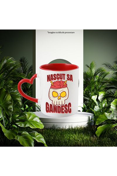 StoryGift Romania Mug Born to Think Skull with Genius Brain, 330ml, Ceramic with Heart Handle Ro, Cu, STG.