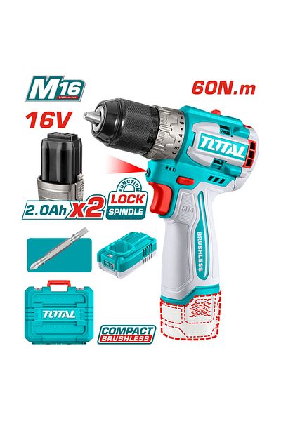 TOTAL 16V 60Nm Cordless Drill, Plastic Bag with Extra Battery and Charger