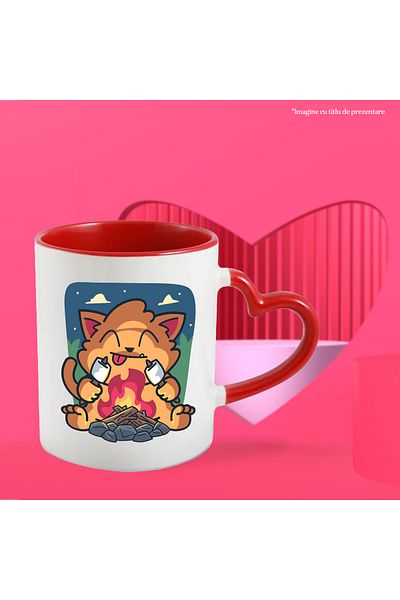 StoryGift Romania Mug With Cat, Campfire, Marshmallows, Multicolor 330 ml, Ceramic with Heart Handle, With ,STG.