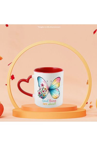 StoryGift Romania Mug with the message "Good things are ahead", illustration, motivational, flowers, butterfly, With ,STG