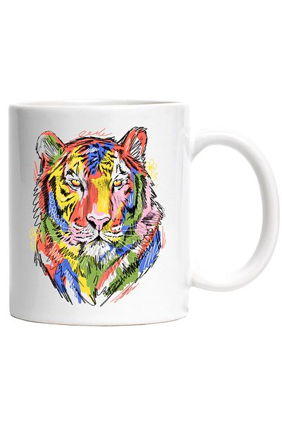 StoryGift Romania Mug With Tiger Head, Abstract Illustration, Doodle, Flower, Multicolor 330 ml, C, With Handle