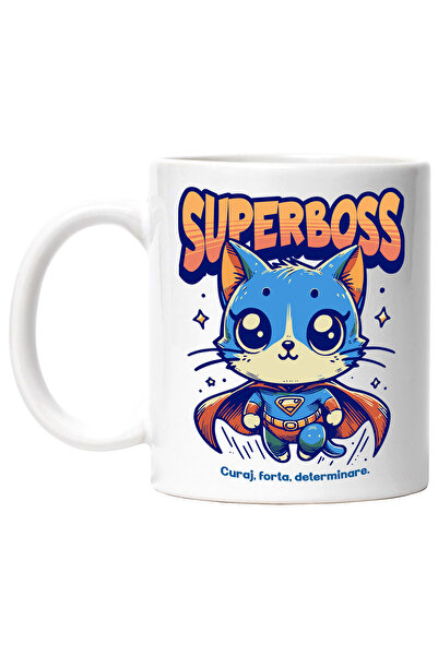 StoryGift Romania Cana Super Boss, Supererou, Pisica Zburand, 330ml, Ceramic Cu Maner Alb, Cu Maner Alb,stg