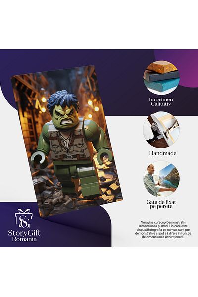 StoryGift Romania Tablou Canvas: Hulk Figurina Lego Cu Parul Mov Si Fata Furioasa Distrugand Tot Ce Ii Sta In Ca