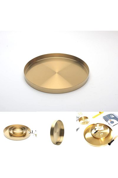 fulina Round Metal Decorative Tray, 3 Pieces, Gold Simple Line Design, Suitable for Jewelry, Tableware