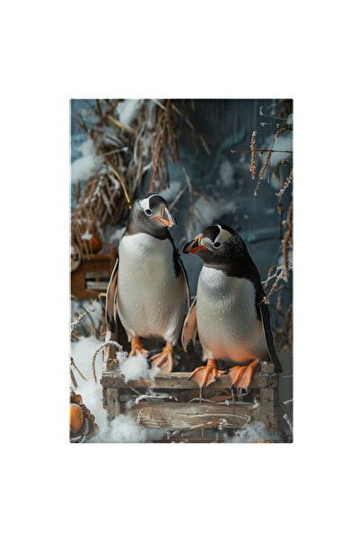 StoryGift Romania Tablou Canvas: Doi Pinguini Intr-o Lada De Lemn Si Zapada -...