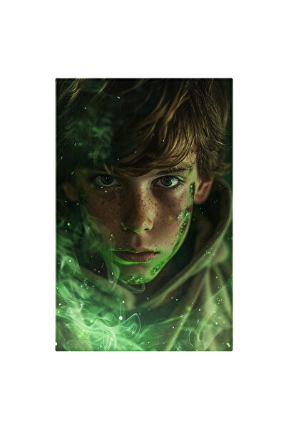 StoryGift Romania Tablou Canvas: Chip Baiat Cu Ochii Verzi Si Pistrui Invaluit In Lumina Verde Cu Parul Lung Sat