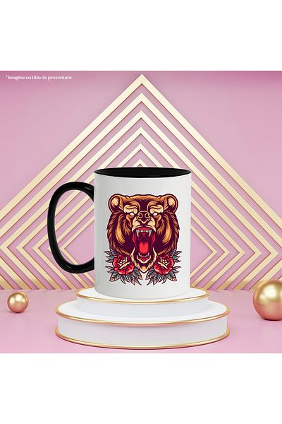 StoryGift Romania Bear Head Mug, Flowers, Leaves, Roses, Retro, Multicolor 330 ml, Ceramic, With ,STG