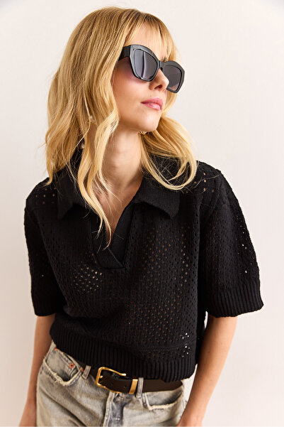 Olalook بلوزة تريكو نسائية بياقة بولو سوداء اللون من القطن المخرم BLZ-19002986