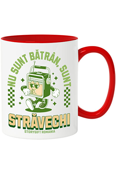StoryGift Romania Cana Casetofan Vintige, Text Nu Sunt Batran , 330ml, Ceramic Cu Maner Rosu, Cu Maner ,stg
