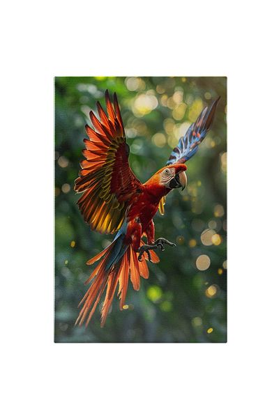 StoryGift Romania Tablou Canvas: Papagal Exotic Viu Colorat Cu Penaj Roșu Și Aripi Desfăcute În Zbor- Animale Să