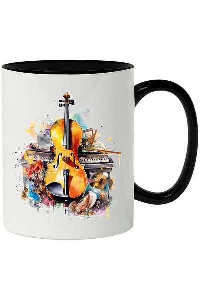 StoryGift Romania Mug With Cello, Musical Instruments, Piano, Flowers, Arcus, Multicolor 330 ml, , With