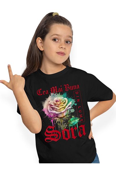 StoryGift Romania Children's T-shirt for Girls with the Text Best Sister in the World, Flower, Colorful Rose, Watercolor