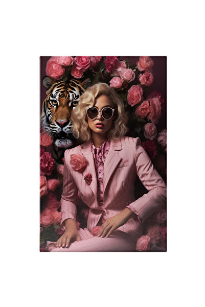 StoryGift Romania Tablou Canvas: Femeie La Costum Roz - Tigru Felina Flori Pi...