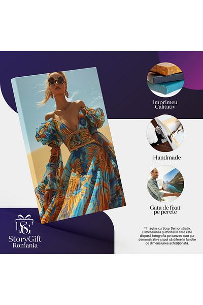StoryGift Romania Tablou Canvas: Model Femeie Blondă În Deșert Pozând Cu O Rochie În Culori Exotice- Modă Și Des