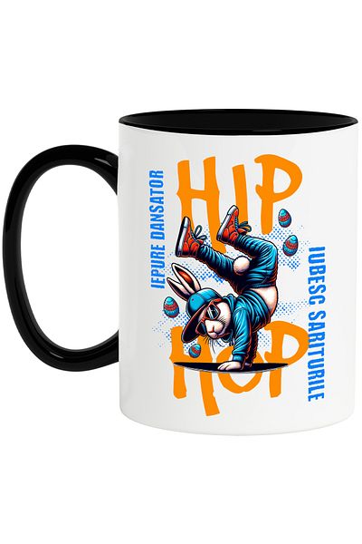 StoryGift Romania Cana Iepure Facand Breakdance Paste Haios , 330ml, Ceramica Cu Maner Negru, Cu Maner ,stg