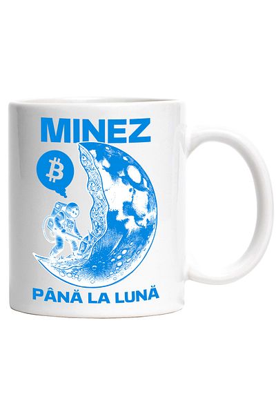 StoryGift Romania Cana Minez Pana La Luna Astronaut Bitcoin Moneda , 330ml, Ceramic Cu Maner Alb, Cu Ma,stg