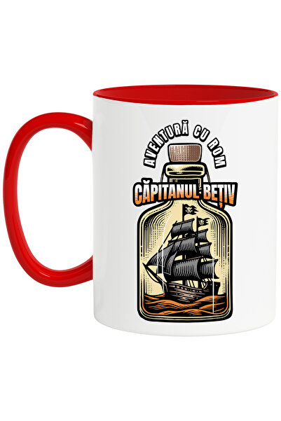 StoryGift Romania Adventure Mug with Rum, Drunk Captain, Alcohol, 330ml, Ceramic with Red Handle, With Handle