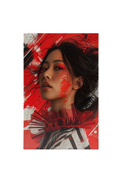 StoryGift Romania Tablou Canvas: Asiatica Cu Fata Pictata Rosie Si Parul Prins Saten In Bluza Alba Neagra Pictu