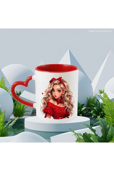 StoryGift Romania Mug with a beautiful face | blonde | red blouse | | bow | serious | 33, Cu ,STG