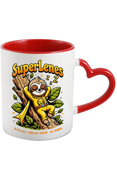 StoryGift Romania Cana Cu Animal Lenes Dormint Pe Trunchi Copac, Costum Super Erou Galben Text Ast, Cu ,stg