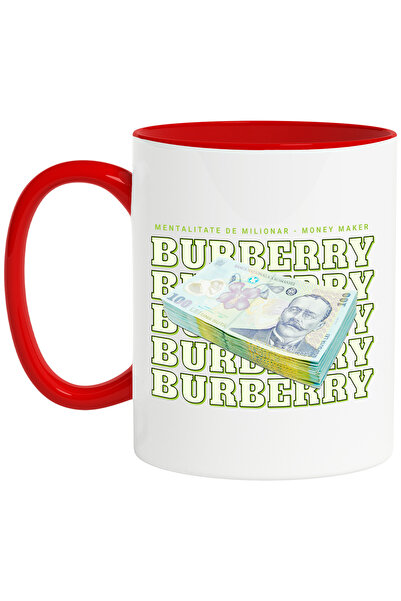 StoryGift Romania Cana __burberry_ - 100 Lei Romanesti, 330ml, Ceramic Cu Maner Rosu, Cu Maner Rosu St,stg