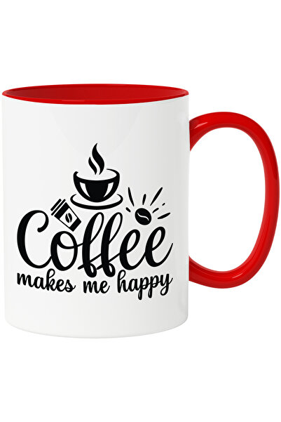 StoryGift Romania Cana Cu Mesajul "coffee Makes Me Happy" - Cafeaua Ma Face Fericit Cu Maner Rosu, Cu M,stg