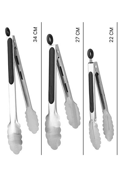 valletta Frontera Silicone Handle Metal Tip Lock System Smart 3-Piece Tongs Set Black