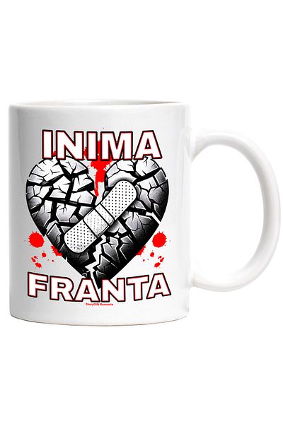 StoryGift Romania Cana Inima Franta Cu Plasture Dragoste Tristete, 330ml, Ceramic Cu Maner Alb, Cu Mane,stg