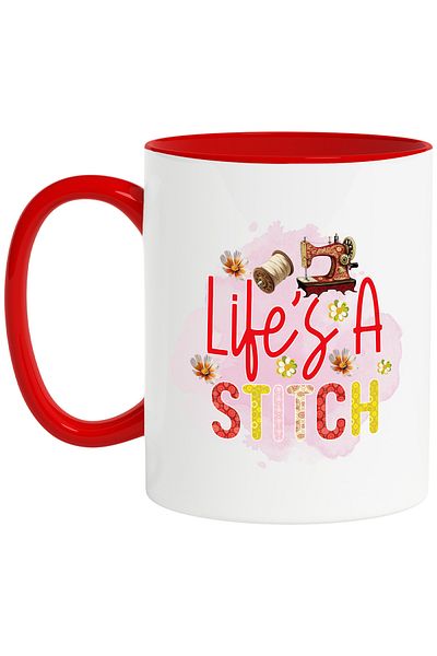 StoryGift Romania Mug with the message "Life's a stitch", profession, illustration, work, dedication, passion, With
