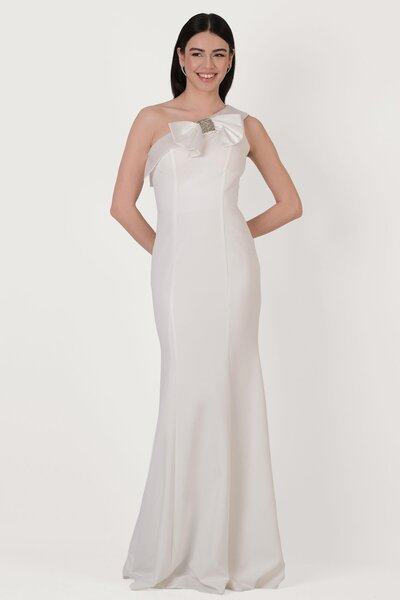 Spazio Cruciano Fiyonklu Straplez Yaka Uzun Abiye Elbise EKRU