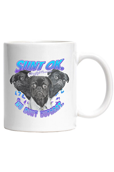StoryGift Romania Cana Caini Pug Text Nu Sunt Suparat Sunt Ok, 330ml, Ceramic Cu Maner Alb, Cu Maner Al,stg