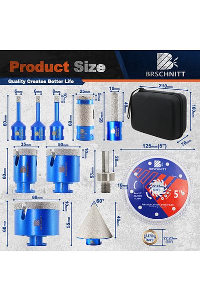 Choice 11pcs-with Eva Box M14 Thread Diamond 11pcs Diamond Drill Set Hole Saw Kit Chamfer Milling Bit 125mm