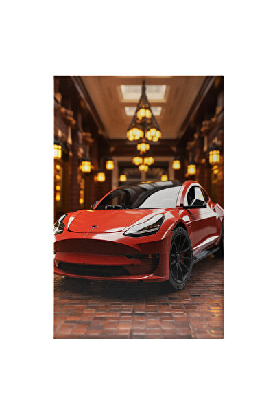 StoryGift Romania Tablou Canvas: Masina De Stralucitoare Tesla Rosie In Palat Candelabru Tehnologie Avansata Pic