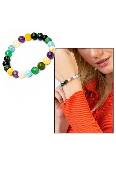 Tesbihane Globe Cut Multiple Natural Stone Combination Women's Healing Bracelet