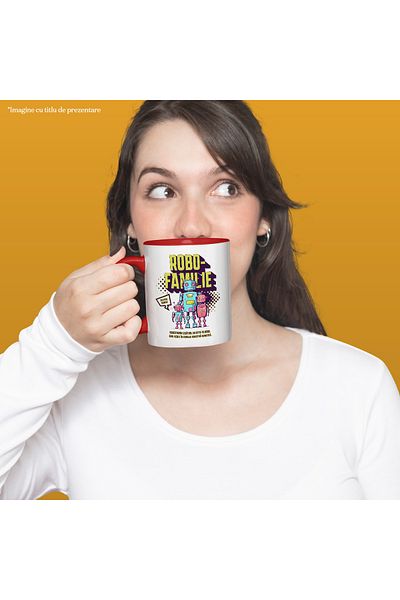 StoryGift Romania Robo family mug, robot love, parents, children, 330ml, Ceramic with Red Handle, With Handle, STG