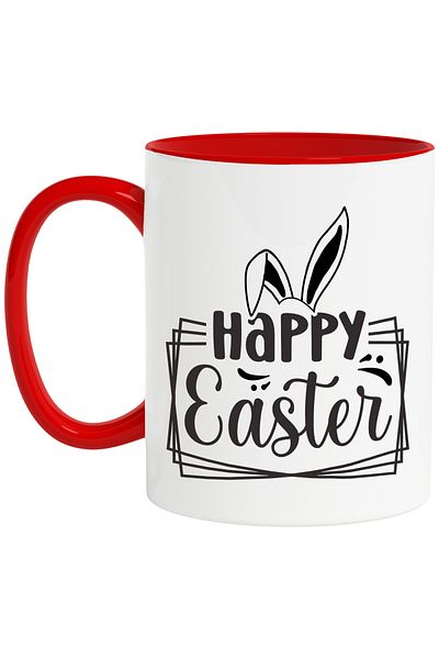 StoryGift Romania Mug with rabbit ears and the text "Happy Easter!" - greeting with Red Handle, With R Handle