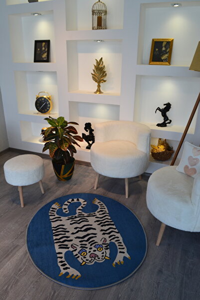 RUGSMODERN Mira 807 Kaplan Desen Mavi Dekoratif Kaymaz Taban Çap Yıkanabilir Halı