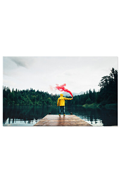 StoryGift Romania Tablou Canvas Om Stand Pe Alea De-a Lungul Lacului, Aventura, Rucsac, Alpii Europeni, Explorare