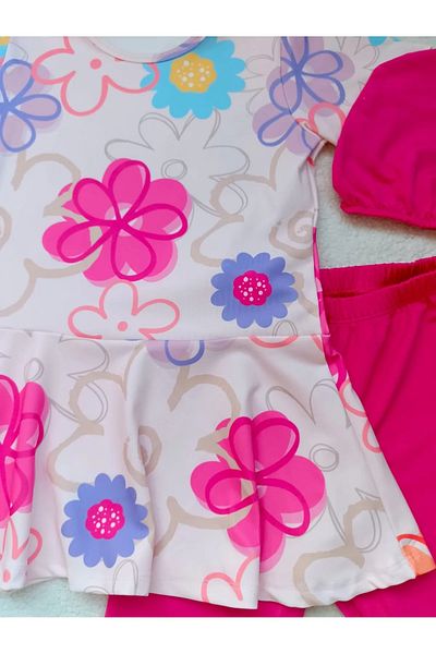 Modomood Girl's Top, Bonnet, Rose Patterned Hijab Sea Pool Swimsuit Set