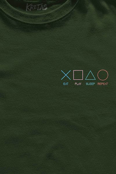 Kretas Μπλουζάκι Unisex Χακί Eat Play Sleep Repeat Gamer Game Μίνιμαλ μπλουζάκι με στάμπα μπροστά