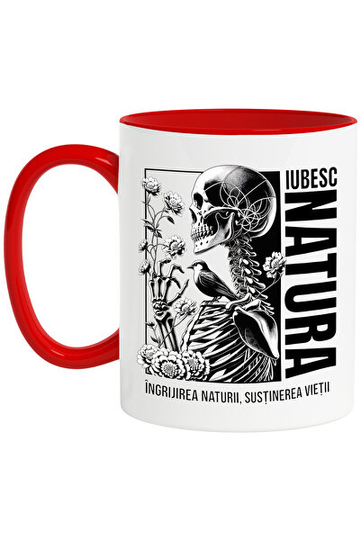 StoryGift Romania Cana Schelete In Natura Iubesc Natura Sanatate, 330ml, Ceramic Cu Maner Rosu, Cu Mane,stg