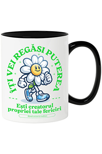 StoryGift Romania Cana Floare - Iti Vei Regasi Puterea, 330ml, Ceramica Cu Maner Negru, Cu Maner Negru ,stg