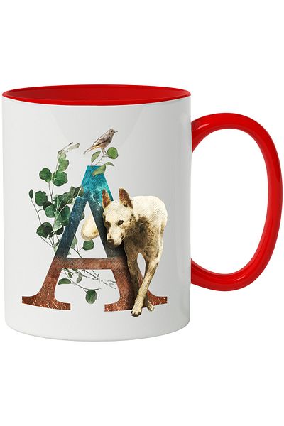 StoryGift Romania Mug With Puppy, Letter, A, Bird, Leaves, Multicolor 330 ml, Ceramic with Ro Handle, With