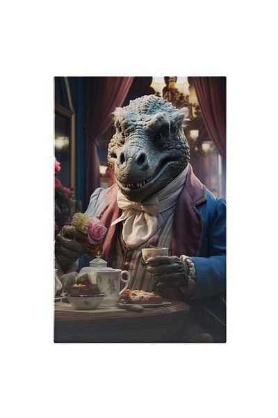 StoryGift Romania Tablou Canvas: Dragon Albastru In Costum La Masa Bea Din Ceasca De Ceai Cu Trandafiri In Mana