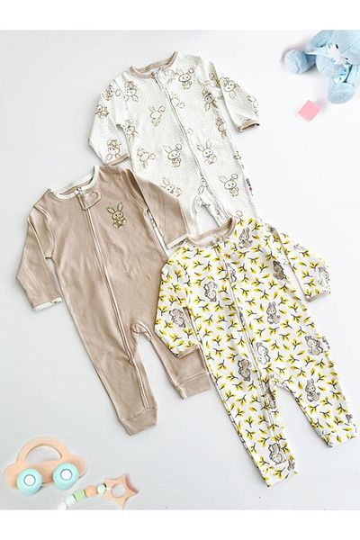 DEFNE LİNA BABY Baby Girl Printed Cotton Cuffed 3-Piece Jumpsuit Set Colorful Patterned 9-12-18 Months Baby Outfit
