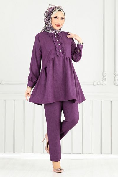 ModaMerve Ruffled Front Linen Suit 6093Tge913-M Purple