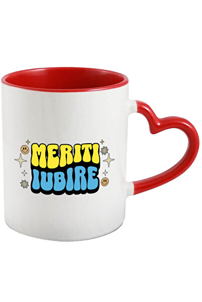 StoryGift Romania Cana Meriti Iubire, 330ml, Ceramica Cu Maner Inima Rosie, C...